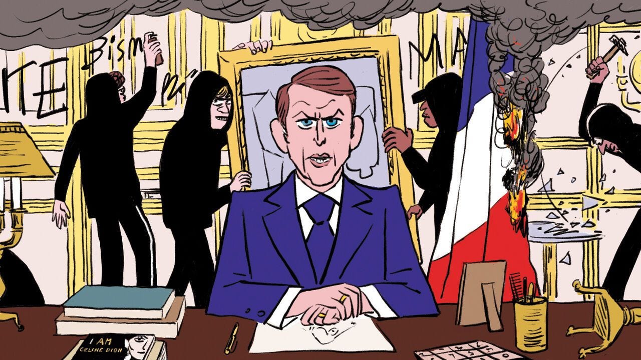 Illustration of Macron giving a speech at his desk while rioters destroy his office behind him Illustration of Macron giving a speech at his desk while rioters destroy his office behind him